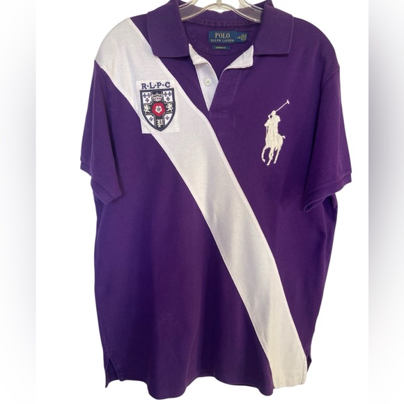 Polo Ralph Lauren Purple White Banner Custom Fit Crest Logo Rugby Shirt Size L - Picture 2 of 9